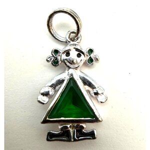 925 Sterling Silver Girl Charm Pendant Green Glass Triangle Dress 2.16g